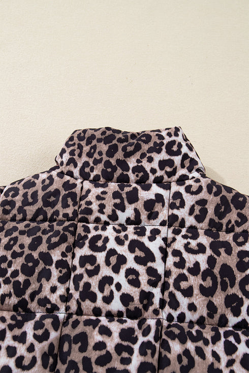 Leopard Quilted Full Zip Stand Collar Puffer Vest
